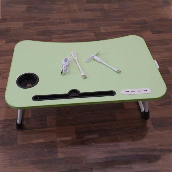02_c12a8640-450d-4a62-8d54-d128a757b858.jpg MultiPurpose Study Table Foldable Portable Notebook Bed Lap Desk Tray Stand Reading Holder with Coffee Cup Slot, Drawer, Fan, USB Cable & Light for Breakfast, Reading & Movie Watching (1 Pc Mix Color)