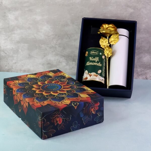 Effete Kulfi Almonds Gift Hamper, Golden Rose With Bottle (3 Pc Set), Mix Color