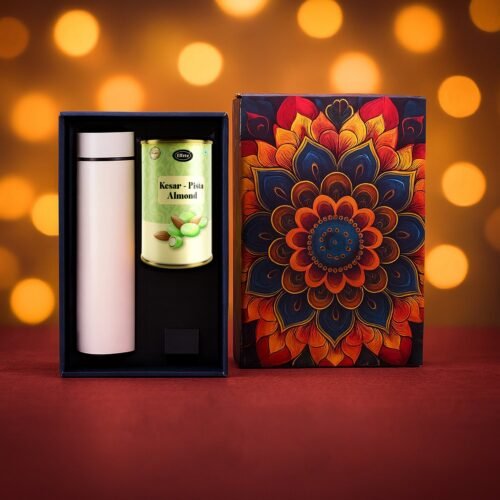 Effete Kesar Pista Almonds Gift Hamper, Golden With Bottle (2 Pc Set), Mix Color