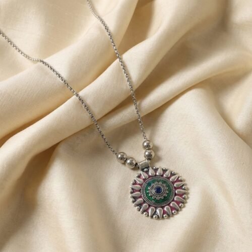 02_necklace.jpg Oxidized Silver Finish Traditional Round Mandala Pendant Necklace (1 pC)