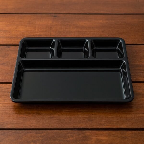 02_thali.jpg Plastic 4-Compartment Rectangular Meal Serving Tray – Sectioned Dining Plate (1 Pc)