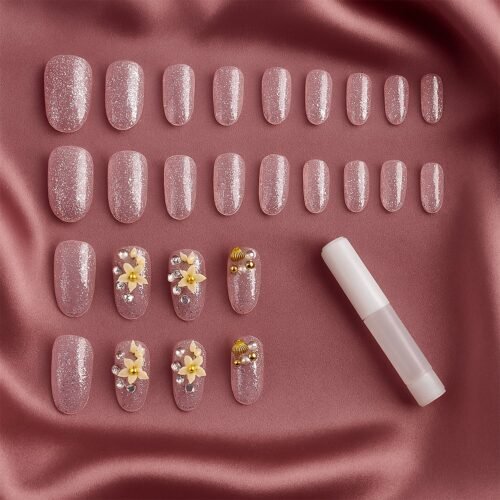 Glitter 3D Floral Press-On Artificial Nail Tips with Nail Glue fake nails (1 Set)