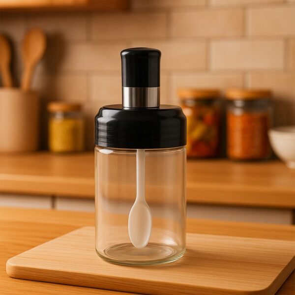 Clear Glass Spice Jar with Integrated Spoon & Airtight Lid (250ml Approx)