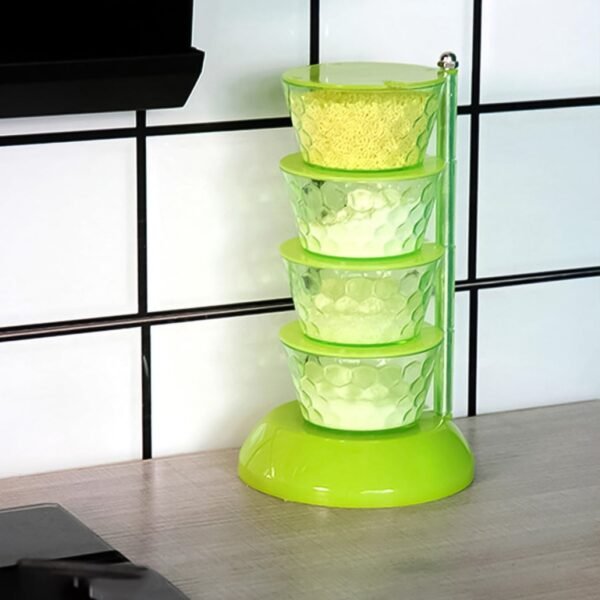 4 Section 360° Rotating Box Plastic Pickle Tower Spice Rack with 4 Spoons 1 Set