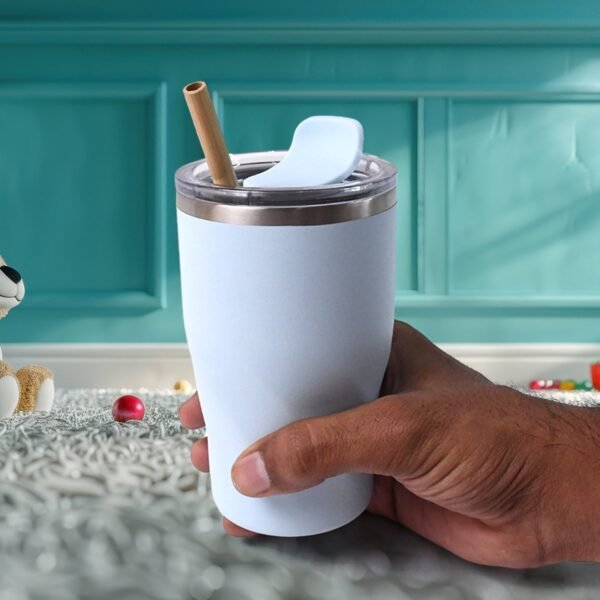Stainless Steel Insulated Coffee Mug With Wooden Straw, Tumbler (350ml Approx)