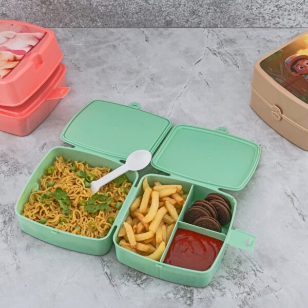 Double-Layer Square Lunch Box with Spoon , 4 Compartment Tiffin & Push Lock