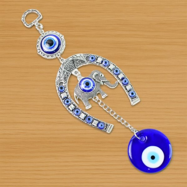 Decorative Evil Eye Hanging with Elephant and Horseshoe Motif, Wind Chime (1 Pc)