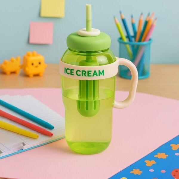 Approx 1300ML Large Capacity Cute Ice Cream Themed Water Bottle with Handle, Straw