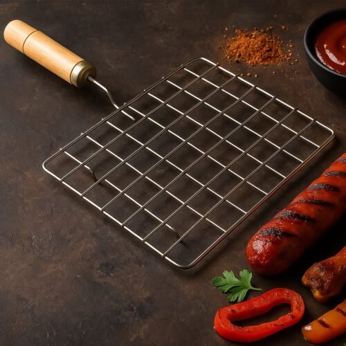 Stainless Steel Square Papad jali, Barbecue Grill Rack with Wooden Handle (1 Pc)