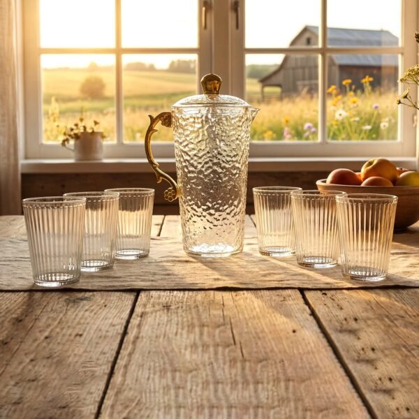 Elegant Textured Glass Water Jug with 6 glasses Set (1 Set)