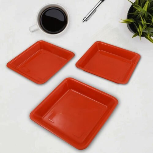Square Plastic Halwa Dinner Plate Snacks Tray Set for Home Office 3 Pcs