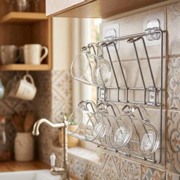 Wall-Mounted Stainless-Steel Cup & Mug Holder Rack (25 x 25 cm, 1 Pc)