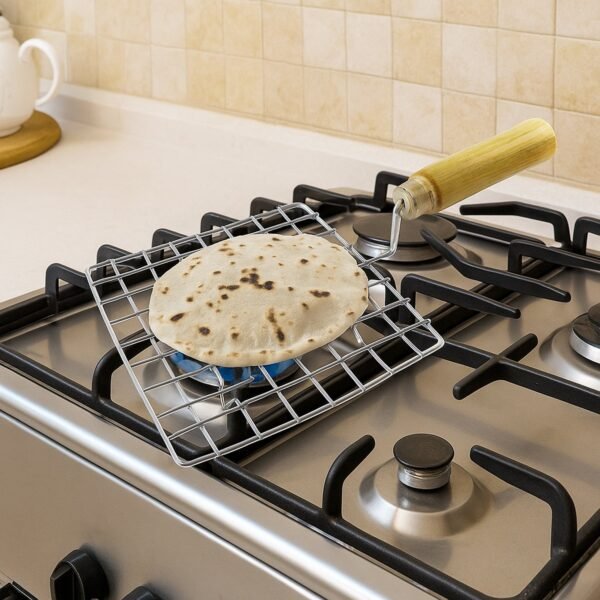 Kitchen Square Stainless Steel Roaster Jali, Barbecue Grill with Wooden Handle