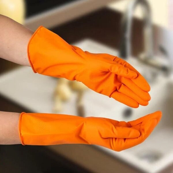 03_acc50c76-8392-42be-b80d-00c9f3de8f4b.jpg Multipurpose Rubber Reusable Cleaning Gloves, Reusable Rubber Hand Gloves I Latex Safety Gloves I for Washing I Cleaning Kitchen I Gardening I Sanitation I Wet and Dry Use Orange Gloves (1 Pair 40 Gm)