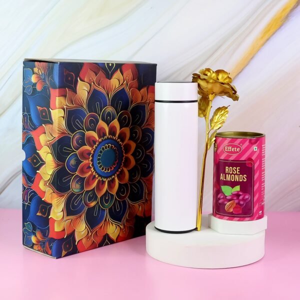 Effete Rose Almonds Gift Hamper, Golden Rose With Bottle (3 Pc Set), Mix Color
