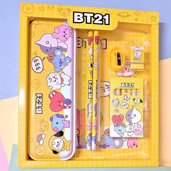 Stationery Kit for Kids - Metal Pencil Box, Sharpener, Pencil & Eraser (12 Pc Set)