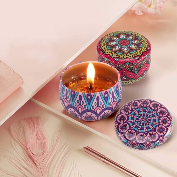 Premium Decorative Mandala Printed Metal Candle Container (4 Pc)