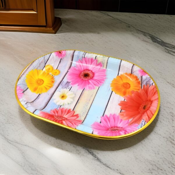 Medium Plastic Flower Printed Design Serving Tray (1 Pc / 31 x 21 CM / Mix Color)