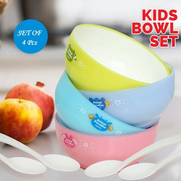Plastic Animal Cartoon Bowl Set – 4 Pieces with Spoons for Kids (Assorted Color)