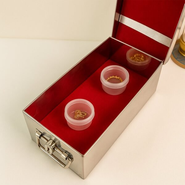 Premium Stainless Steel Velvet Lined Jewellery Storage Box with Lock and Red Interior