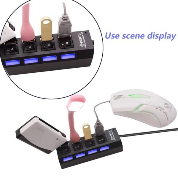 4 Port USB, HUB USB 2.0 HUB Splitter High Speed with On/Off Switch Multi LED Adapter