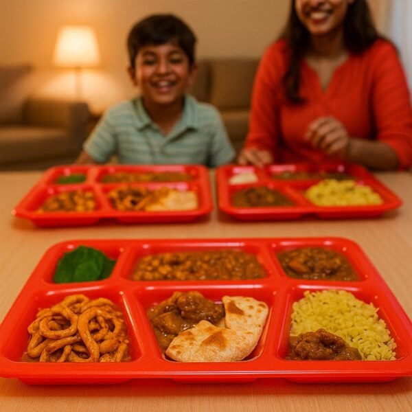 04_01941bf1-f2df-4ef7-b0b7-bab1e91c3e0d.jpg Plastic Multi-Compartment Rectangular Meal Serving Tray / Plate (1 Pc / Red)