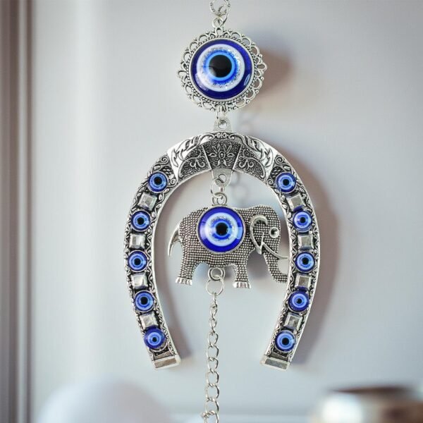 Decorative Evil Eye Hanging with Elephant and Horseshoe Motif, Wind Chime (1 Pc)