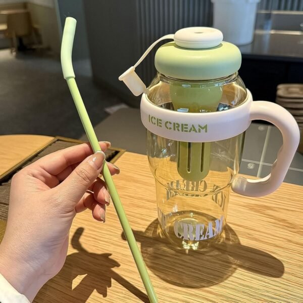 Approx 1300ML Large Capacity Cute Ice Cream Themed Water Bottle with Handle, Straw