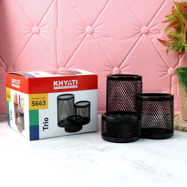 04_67d4b306-fcad-459c-9dde-7303350096f0.jpg Khyati Trio Metal Mesh Pen Stand – 3-in-1 Round Desk Organizer Set