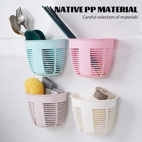 04_6db65258-116a-4138-9331-549ee0b9dc58.jpg Hanging Plastic Storage Basket, Adhesive Wall Mounted Organizer Box Make Up Holder Shelf Bathroom Wall Basket Punch Free Drain Basket for Kitchen Bathroom, Wall Type Storage Basket (1 Pc)