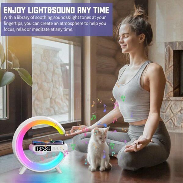 04_7623f193-4380-41a7-b539-04405744944d.jpg Smart Alarm Clock with G-Shape RGB Light Bluetooth Speaker, Wireless Charging (1 Pc)