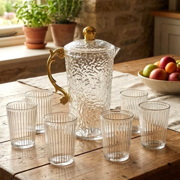 Elegant Textured Glass Water Jug with 6 glasses Set (1 Set)