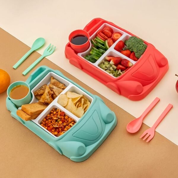 Kid's Car Shaped Plates Cup / Lunch Box Dinnerware (4 Pcs Set / 1000 ML Lunch Box)