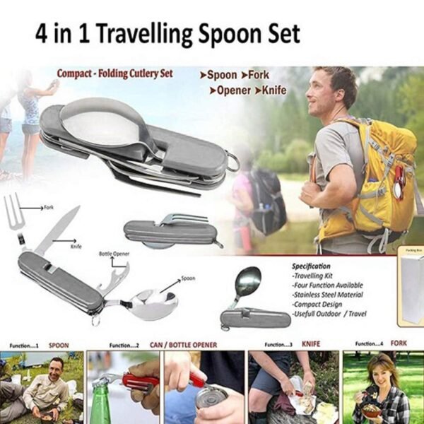 4-in-1 Stainless Steel Travel / Camping Folding Multi Swiss Cutlery Set