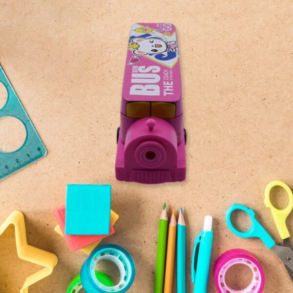 Double Decker Metal Bus Compass Case – 2-Layer Movable Wheels & Sharpener for Kids