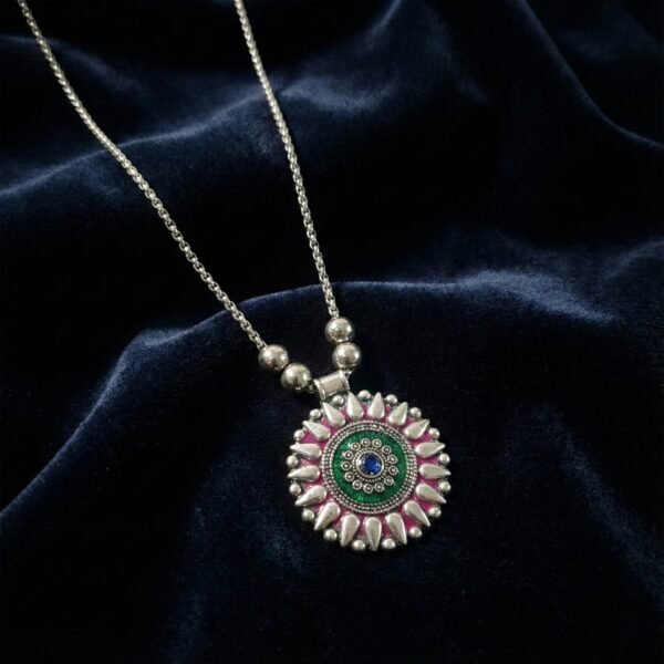 Oxidized Silver Finish Traditional Round Mandala Pendant Necklace (1 pC)