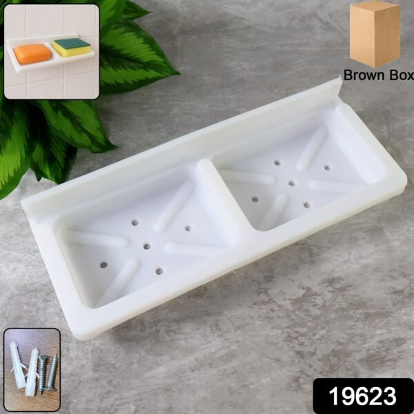 04fb3e18-a5dc-4d58-b115-83d8ed80fff3_395e8c7d-d6af-4ae8-bf82-efea6025ad62.jpg Wall Mounted Double Compartment Soap & Sponge Holder (1 Pc)
