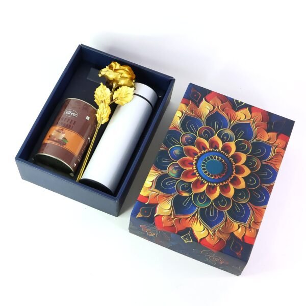 Effete Coffee Almonds Gift Hamper, Golden Rose With Bottle (3 Pc Set), Mix Color
