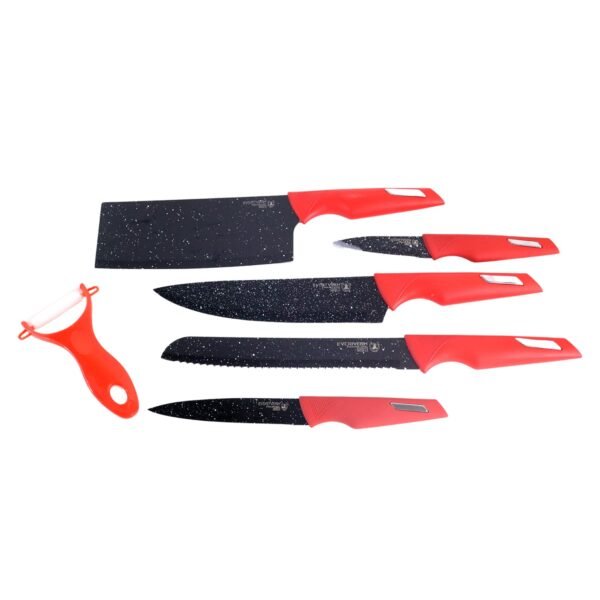 Kitchen Knife Set with Marble-Coated Blades & Red Handles (6 Pc)