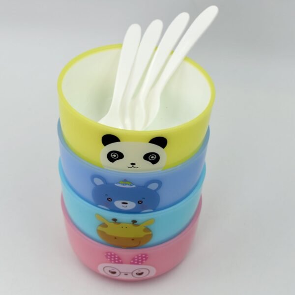 Plastic Animal Cartoon Bowl Set – 4 Pieces with Spoons for Kids (Assorted Color)