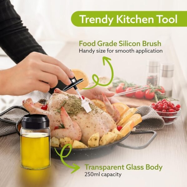 Clear Glass Oil Dispenser Bottle Integrated Silicone Basting Brush (250ml Approx)