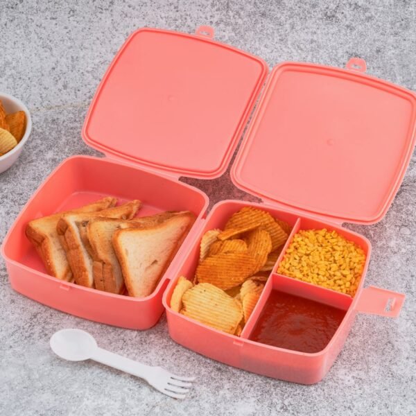 Double-Layer Square Lunch Box with Spoon , 4 Compartment Tiffin & Push Lock