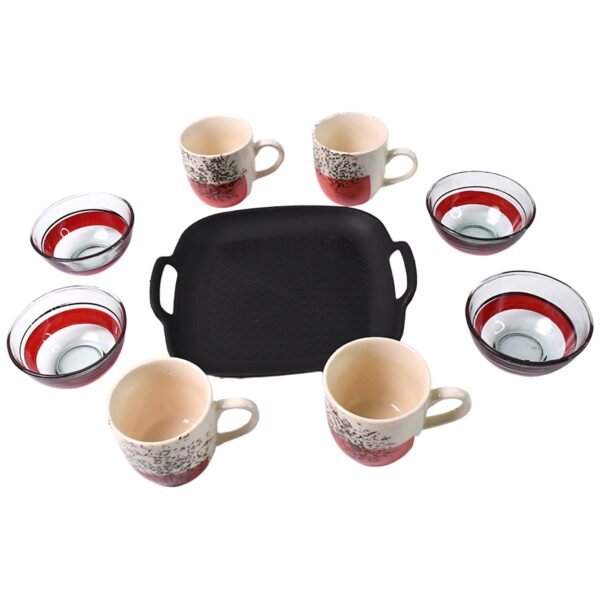 Set Of Ceramic Cup 4pc And Glass Bowl 4pc With Plastic Plate (9 Pcs Set)