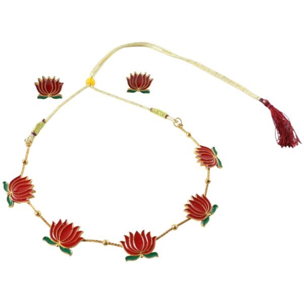 Traditional Red Lotus Design Necklace with Stud Earrings Set( 1 Set)