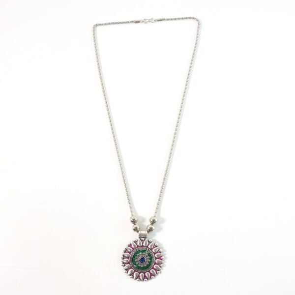 Oxidized Silver Finish Traditional Round Mandala Pendant Necklace (1 pC)