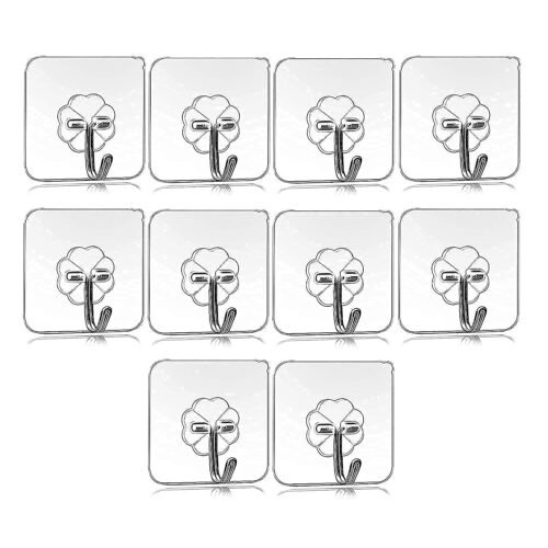 06_78562971-1583-4cbc-85a0-13b1eb561a40.jpg Self Adhesive Transparent Sticky Plastic & Stainless Steel Wall Hooks (10 Pcs Set)