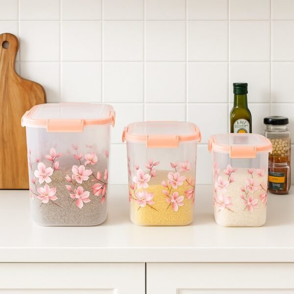 Square 3 Pcs Floral Printed Airtight Storage Container Set (3 Pcs Set)