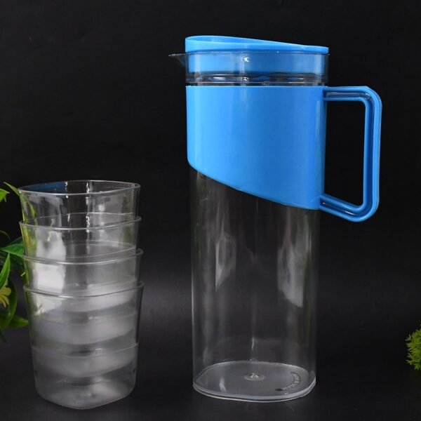 Transparent Premium Jug with Elegant Handle & 4 Plastic Glasses (2000 ML Approx)
