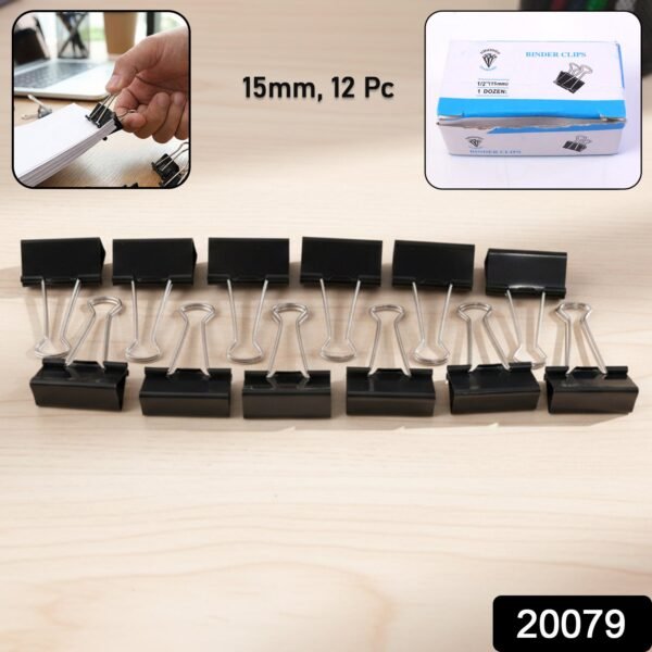 Black Metal Binder Clips (15 MM, 12 Pieces Set)