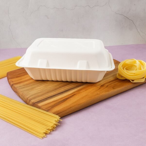 FresheeClamshell Takeaway Compostable Bagasse Food Box 9x6x3 Inch – 10 Pcs Pack